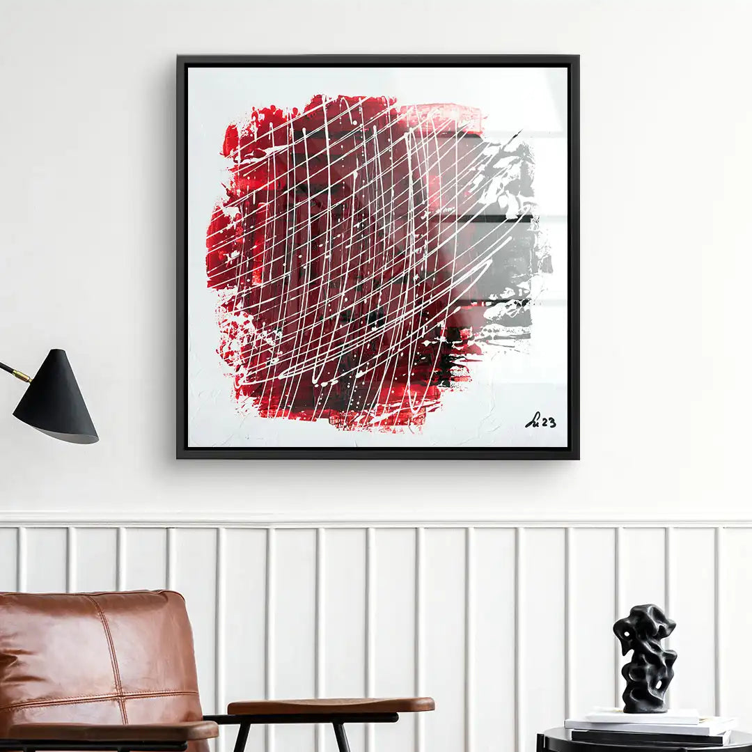 Modernes abstraktes Wandbild in Rot, Weiß und Schwarz mit Linienmuster, Wohnzimmer-Deko