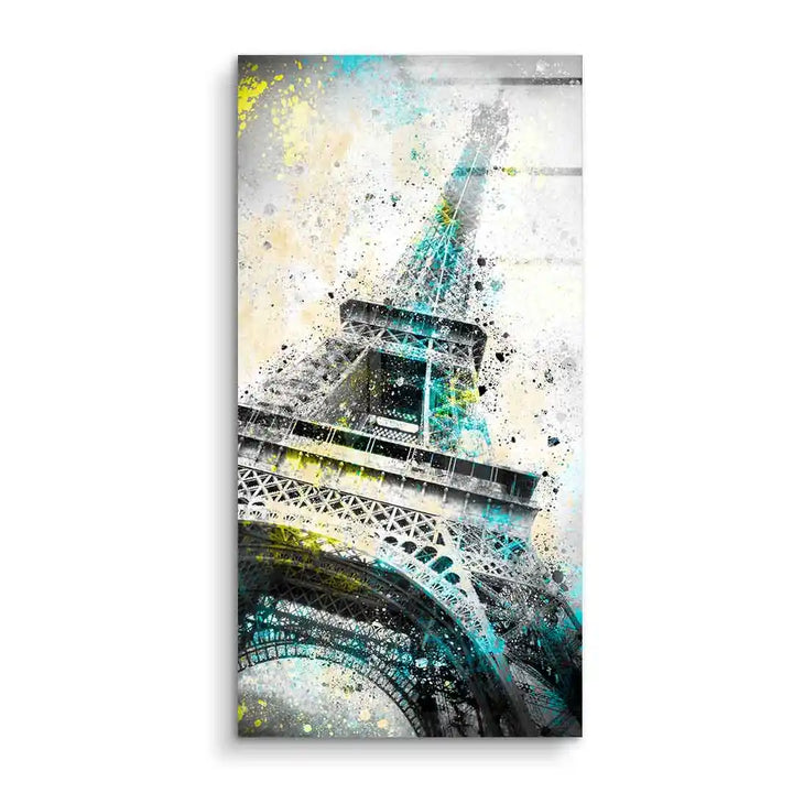 Modernes Wandbild Eiffelturm mit Farbklecksen, kreatives Paris Artwork auf Acrylglas