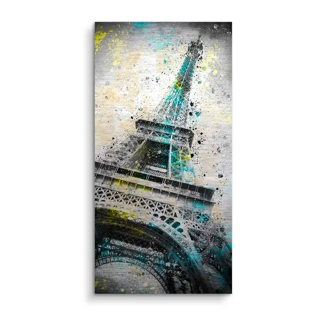 Kreatives Wandbild vom Eiffelturm mit Graffiti-Effekt und bunten Farbspritzern
