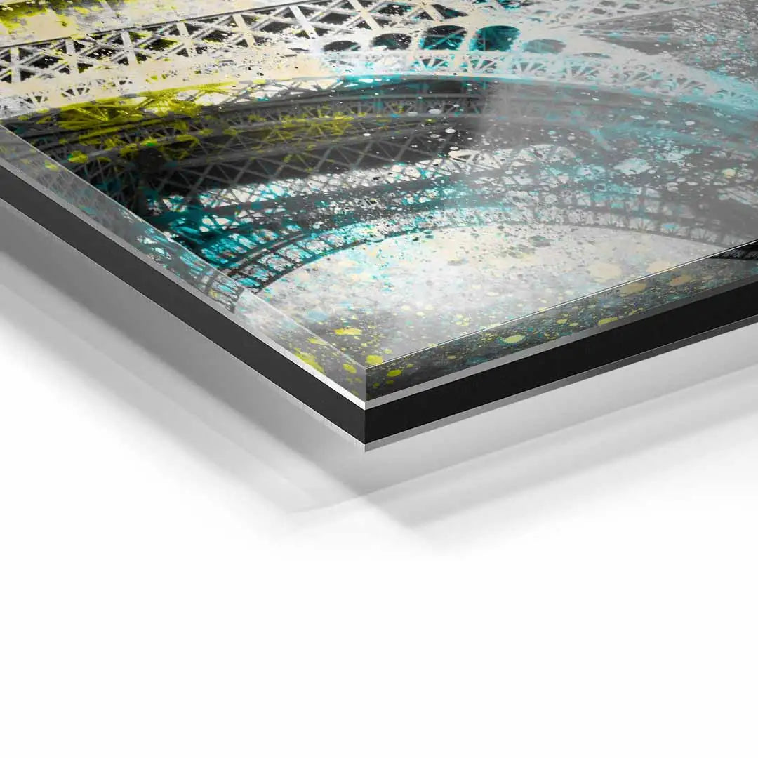 Detailansicht Acrylglas-Wandbild mit kreativem Eiffelturm-Motiv, moderne Kunst, farbenfroh