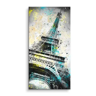 Eiffelturm Wandbild auf Leinwand mit kreativem Farbklecks-Design in Gelb und Türkis