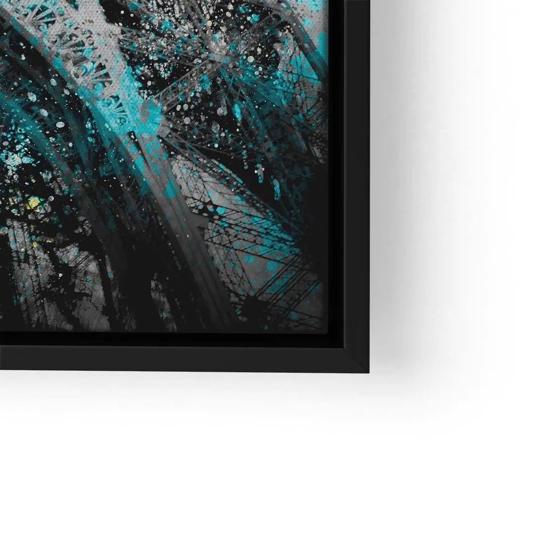 Modernes Wandbild mit Eiffelturm-Motiv und abstrakten blauen Farbspritzern