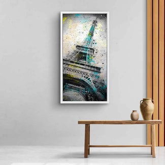 Kreatives Wandbild mit Eiffelturm im modernen Kunststil, bunte Akzente, Wohnzimmer-Deko