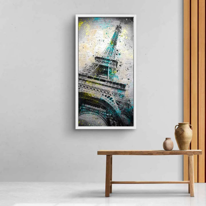 Kreatives Wandbild mit Eiffelturm im modernen Kunststil, bunte Akzente, Wohnzimmer-Deko