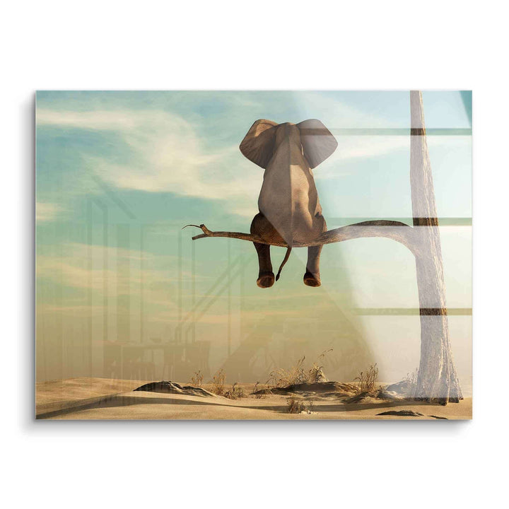 Wandbild mit Elefant auf Ast in Wüstenlandschaft, surreal, modernes Kunstwerk