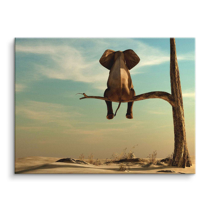 Wandbild mit Elefant, der auf einem Ast in der Wüste sitzt, kreatives Kunstwerk