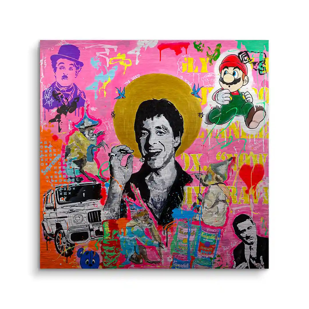 Pop Art Wandbild mit Prominenten, Comics und Collage-Elementen auf buntem Hintergrund