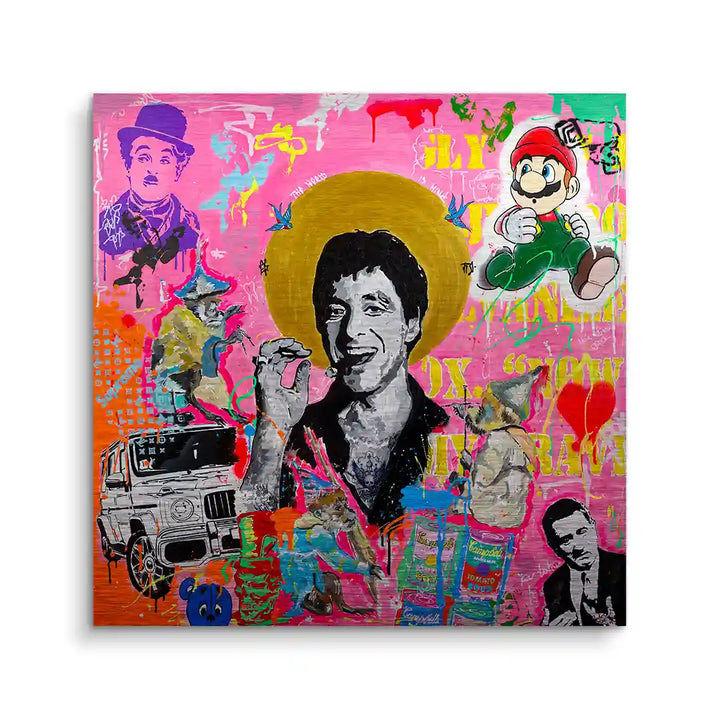 Pop Art Wandbild mit Prominenten, Comics und Collage-Elementen auf buntem Hintergrund