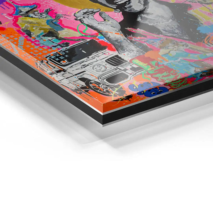 Detailansicht Acrylglas Wandbild mit Pop Art Motiv, bunte Farben und Retro-Elemente