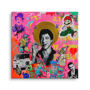 Pop Art Wandbild mit berühmten Persönlichkeiten, Mario, Tomatensuppe und buntem Hintergrund