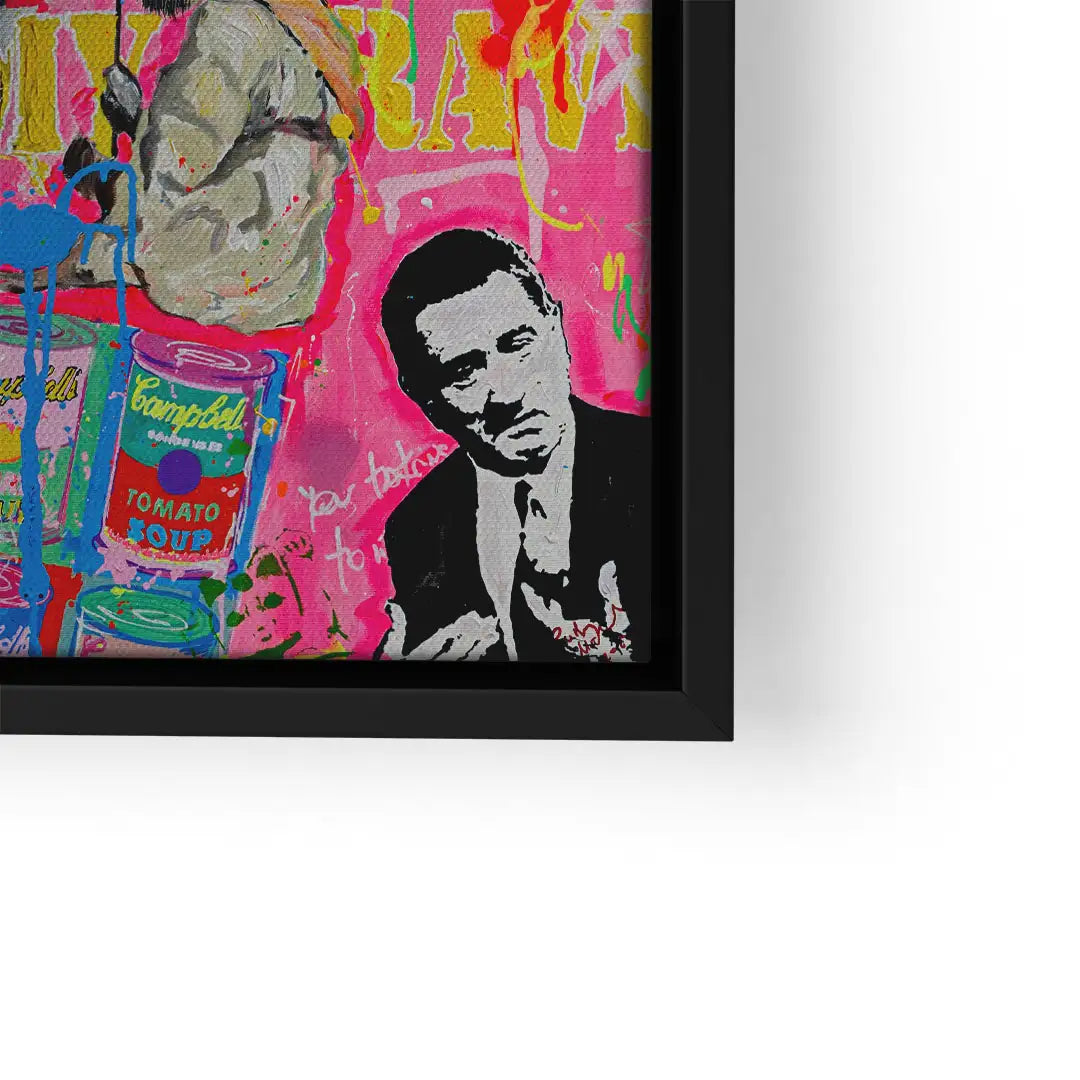 Pop Art Wandbild mit Porträt, Campbell's Suppendosen und buntem Graffiti auf pinkem Hintergrund