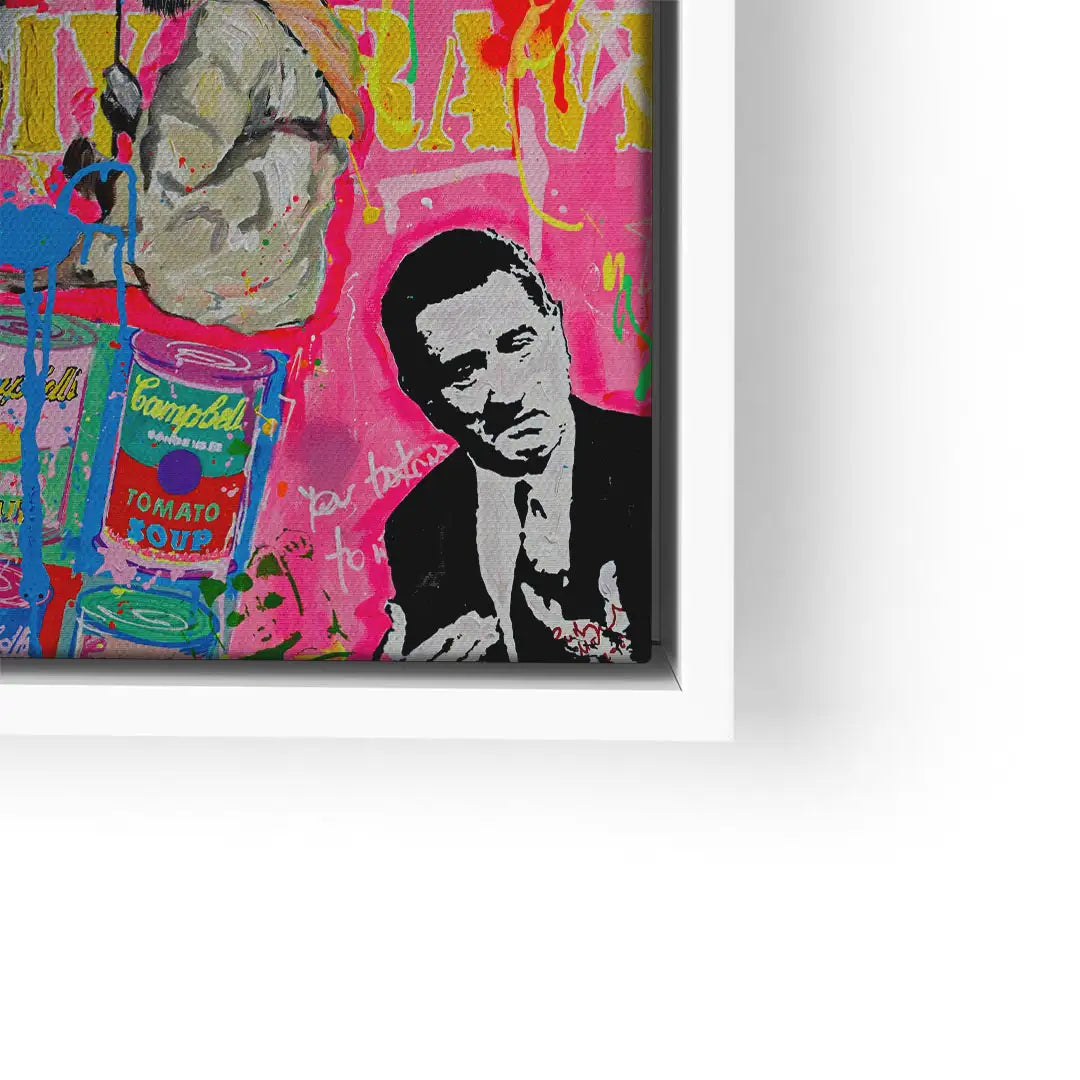 Buntes Pop Art Wandbild mit Suppendosen, Männerporträt und Graffiti auf pinkem Hintergrund.