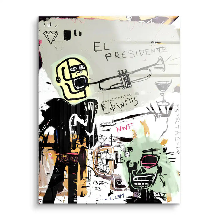 Modernes Wandbild im Street-Art-Stil mit abstrakten Figuren, Texten und bunten Farben