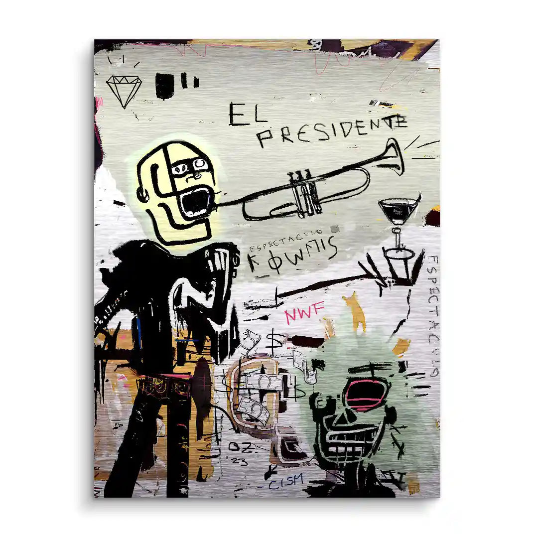 Modernes Wandbild im Streetart-Stil mit abstrakten Figuren, Trompete und Graffiti-Elementen
