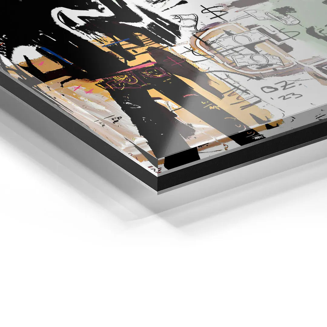 Detailaufnahme abstrakt bedrucktes Acrylglas Wandbild, moderne Kunst in Schwarz und Beige