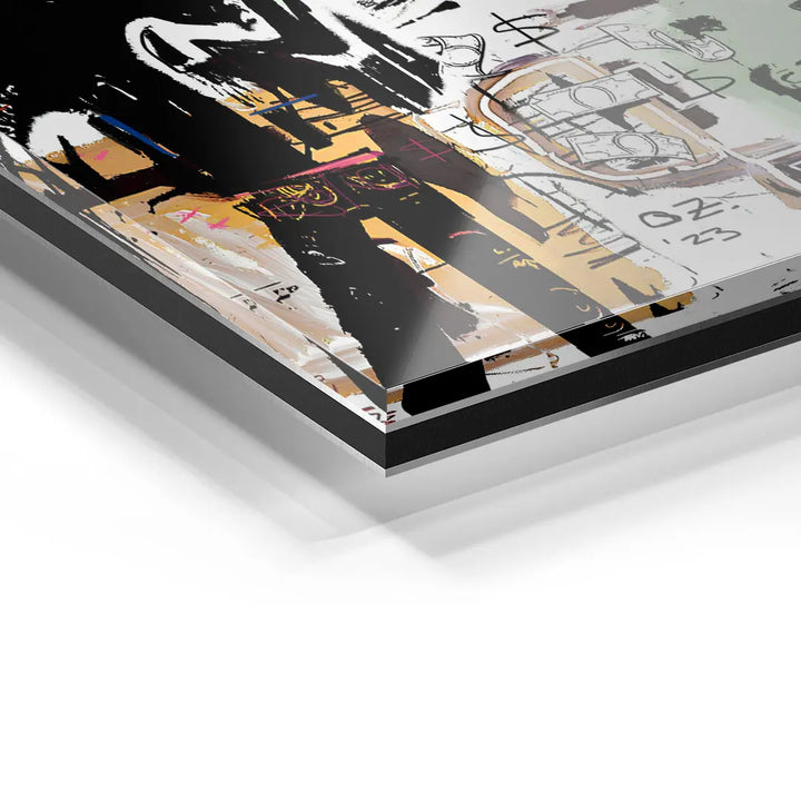 Detailaufnahme abstrakt bedrucktes Acrylglas Wandbild, moderne Kunst in Schwarz und Beige