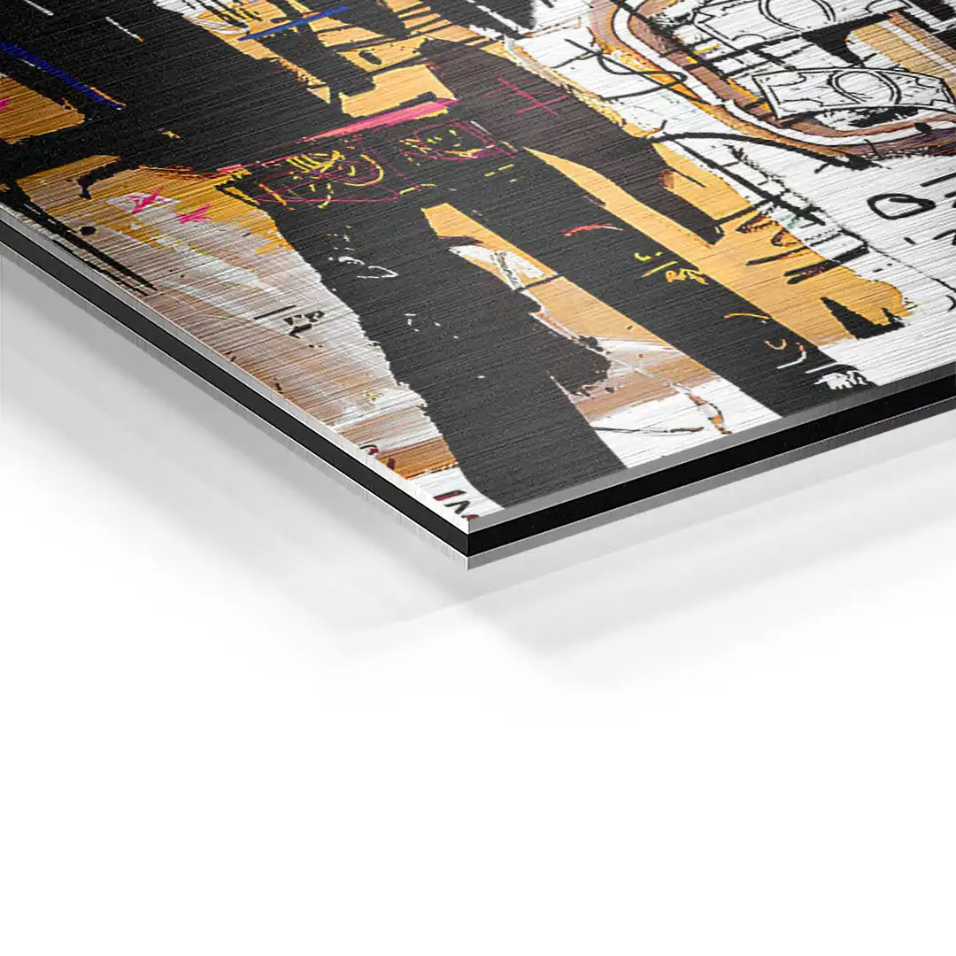 Detailansicht modernes Wandbild auf Aluminium mit abstrakter Kunst und Pinselstrukturen