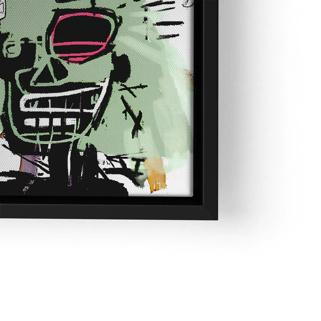Modernes Wandbild mit abstraktem Pop Art Totenschädel in Grün, Schwarz und Pink, gerahmt