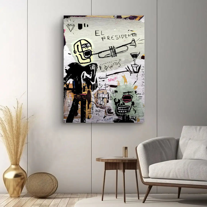 Modernes Wandbild im Wohnzimmer, abstrakte Pop Art mit Figuren, Graffiti und Texten.