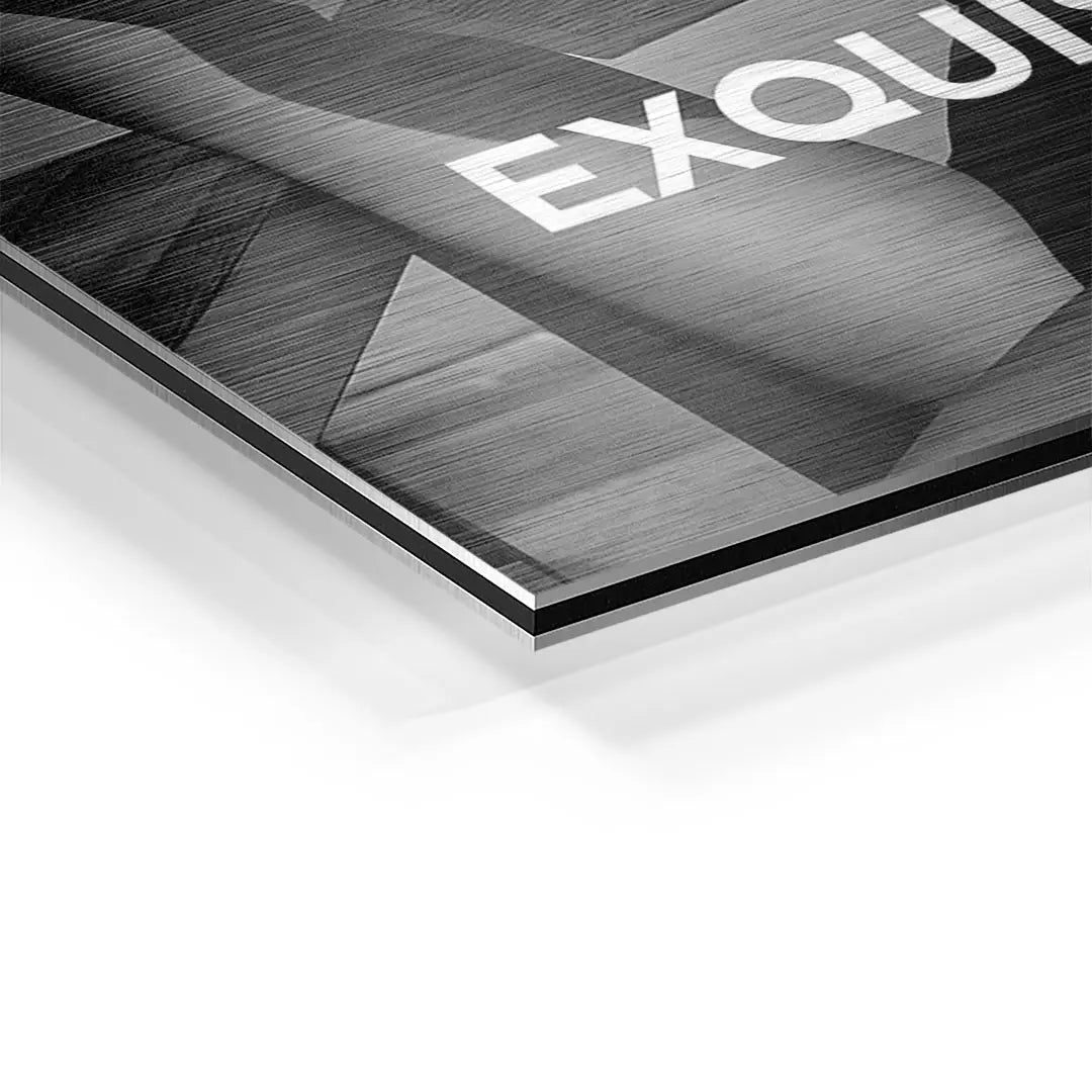 Detailansicht moderner Wandkunst auf gebürstetem Aluminium mit dem Schriftzug EXQUISITE