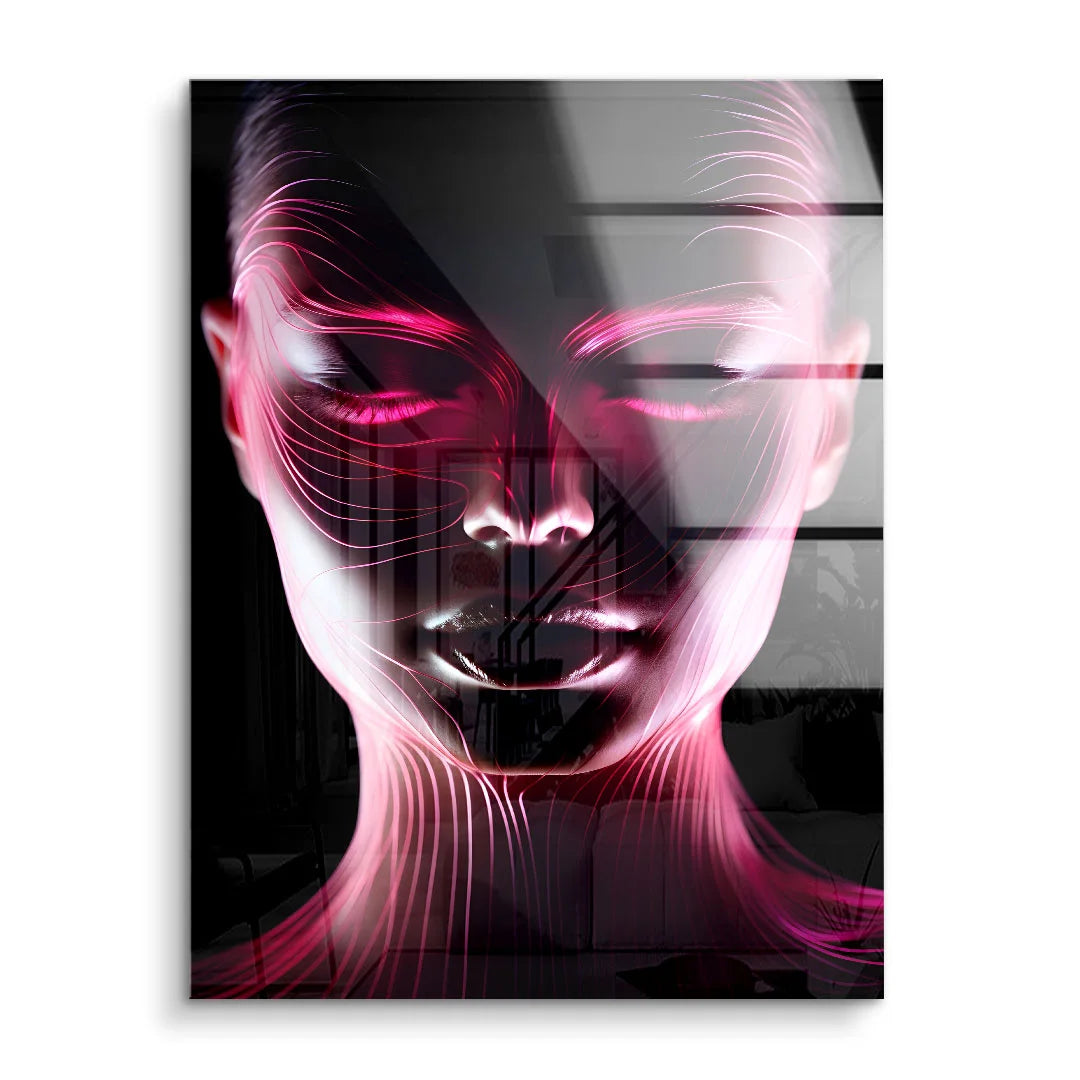 Modernes Wandbild mit abstraktem Gesicht, leuchtende Linien in Pink und Schwarz, Kunst Design