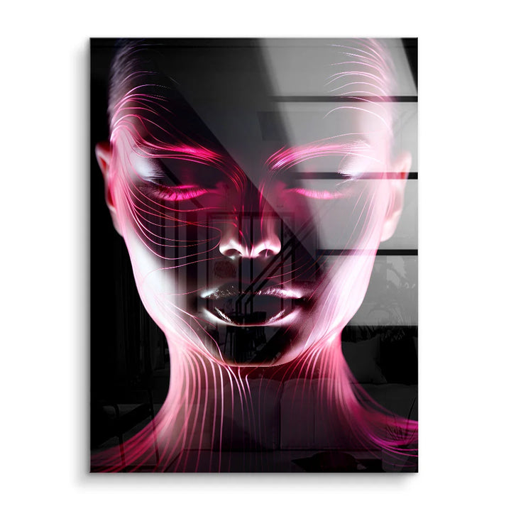 Modernes Wandbild mit abstraktem Gesicht, leuchtende Linien in Pink und Schwarz, Kunst Design