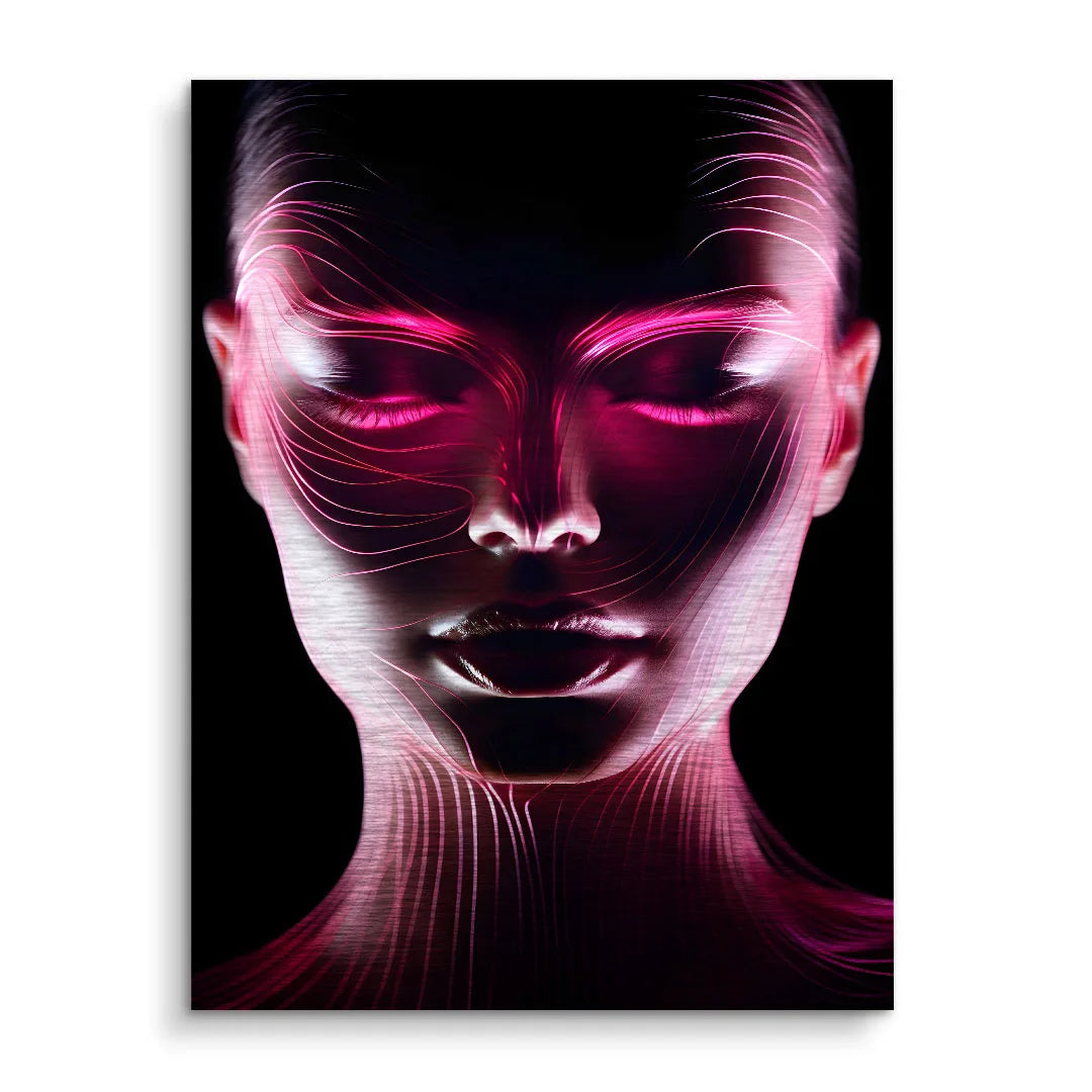 Modernes Wandbild eines Gesichts mit leuchtenden pinken Linien auf schwarzem Hintergrund