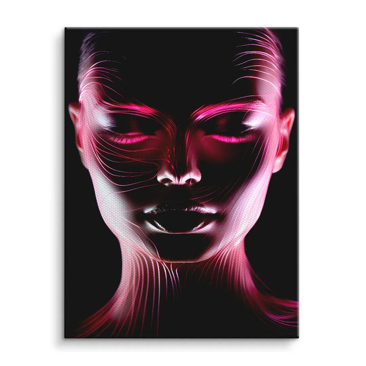 Modernes Wandbild Gesicht mit abstrakten roten Lichteffekten auf dunklem Hintergrund