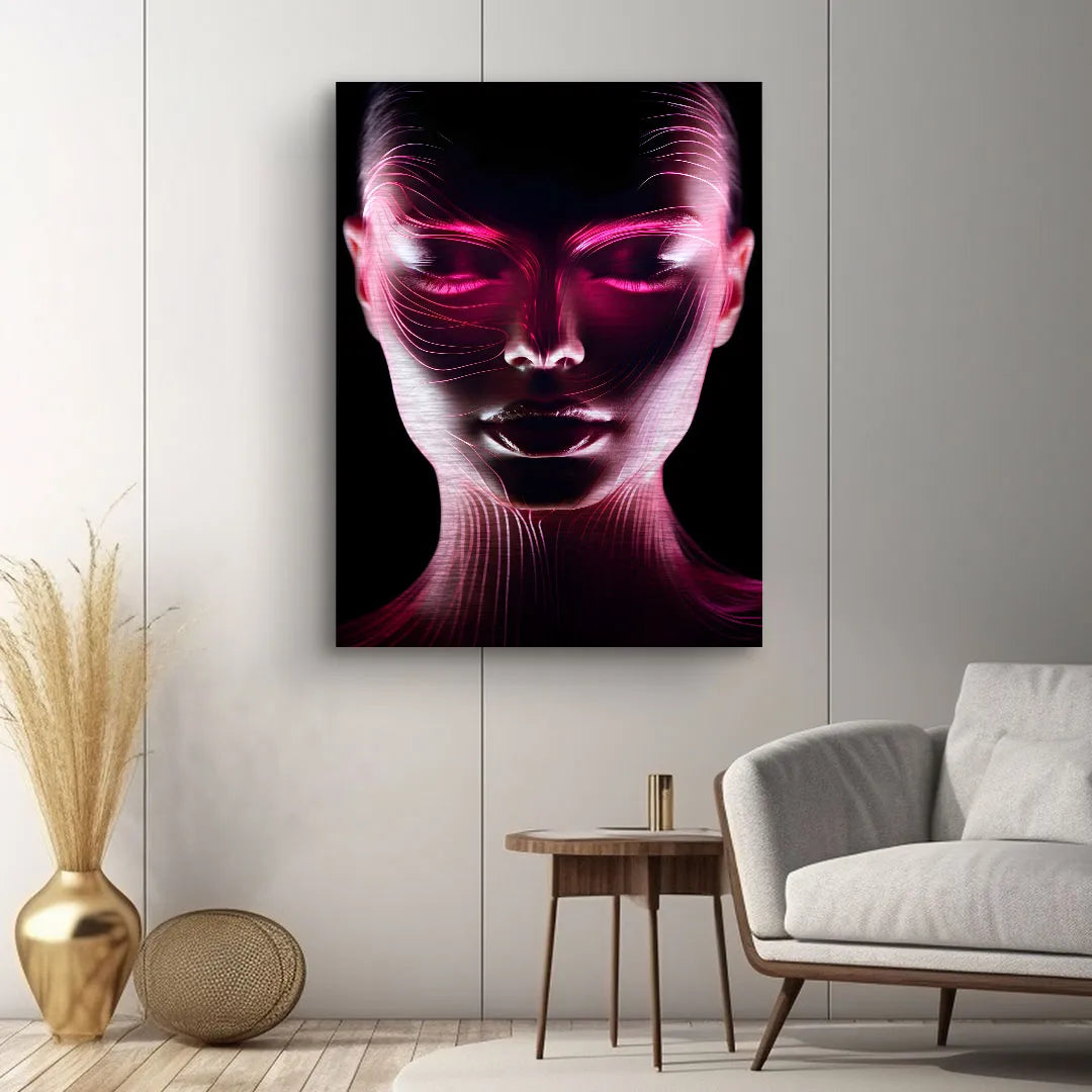 Modernes Wandbild mit abstraktem Gesicht, Leuchteffekte in Pink und Schwarz, Wohnzimmer Dekoration