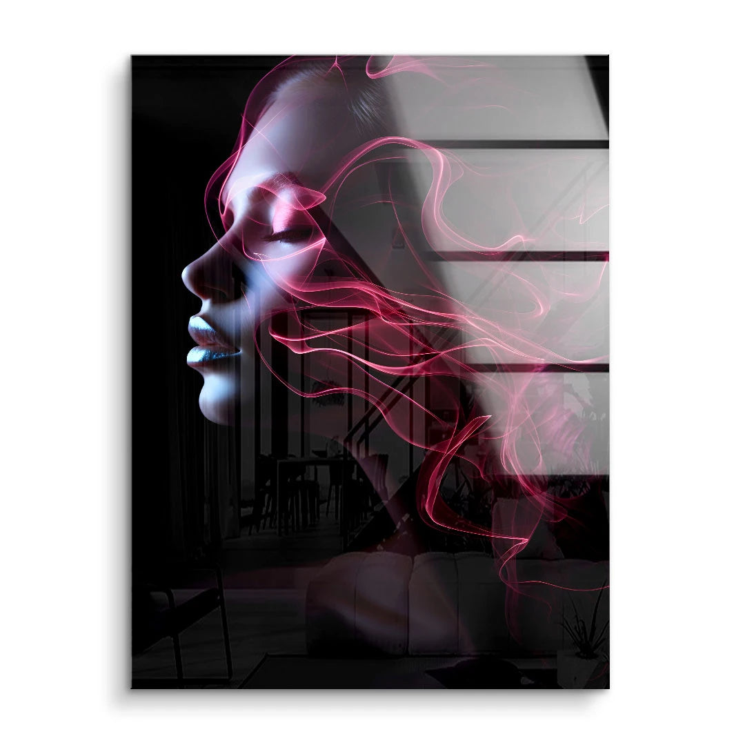Modernes Wandbild mit weiblichem Gesicht, pinken Lichteffekten und schwarzem Hintergrund
