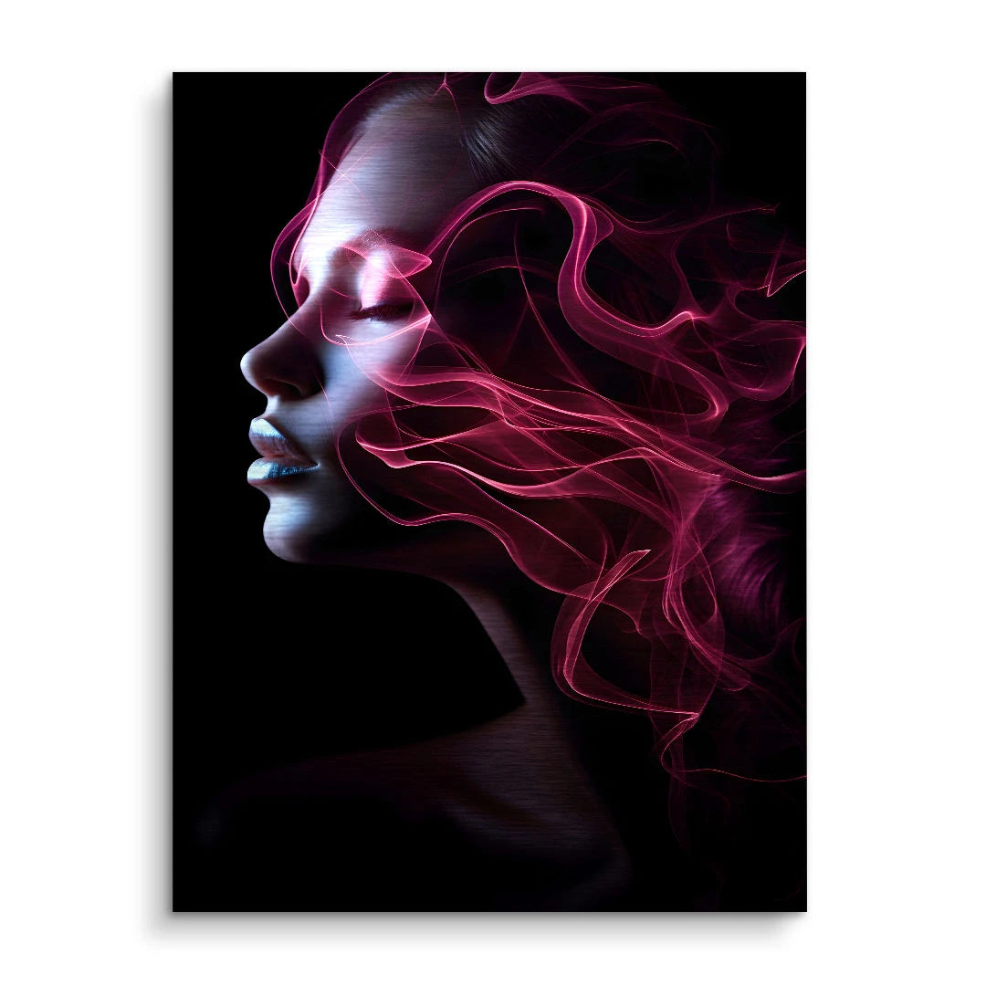 Modernes Wandbild mit weiblichem Gesicht in Schwarz, leuchtenden rosa Lichtlinien, Kunst