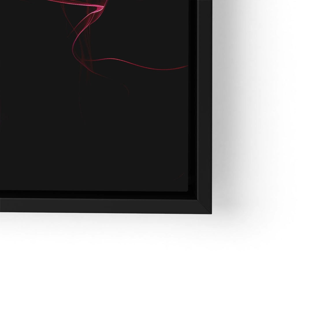 Detail eines modernen Wandbilds mit schwarzem Rahmen und abstrakten roten Linien auf dunklem Hintergrund