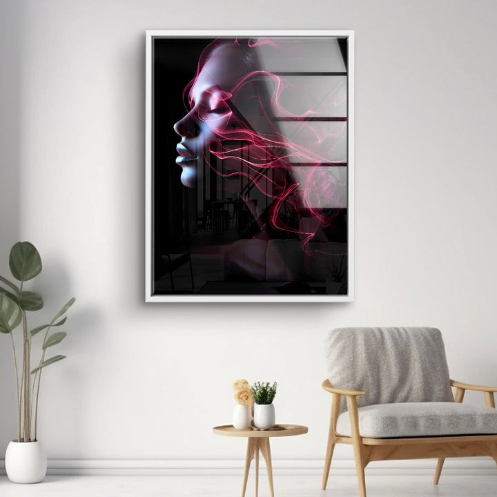 Modernes Wandbild mit abstraktem Frauenprofil und leuchtenden roten Linien, Wohnzimmer-Deko