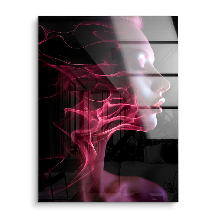 Modernes Wandbild mit stilisiertem Frauengesicht und pinken Rauchlinien auf dunklem Hintergrund