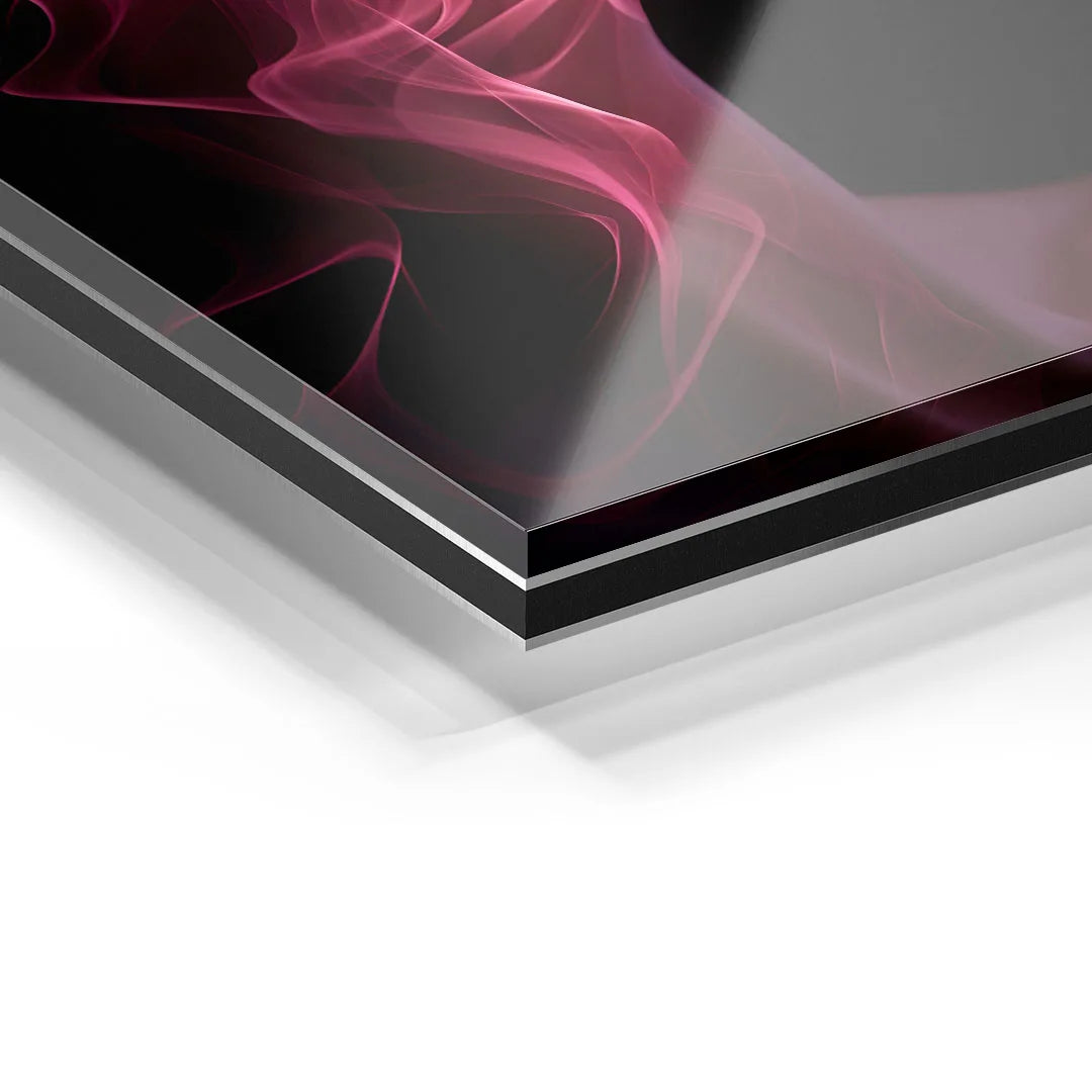 Detailansicht Acrylglas-Wandbild mit abstraktem, rosa Rauchmotiv auf schwarzem Hintergrund
