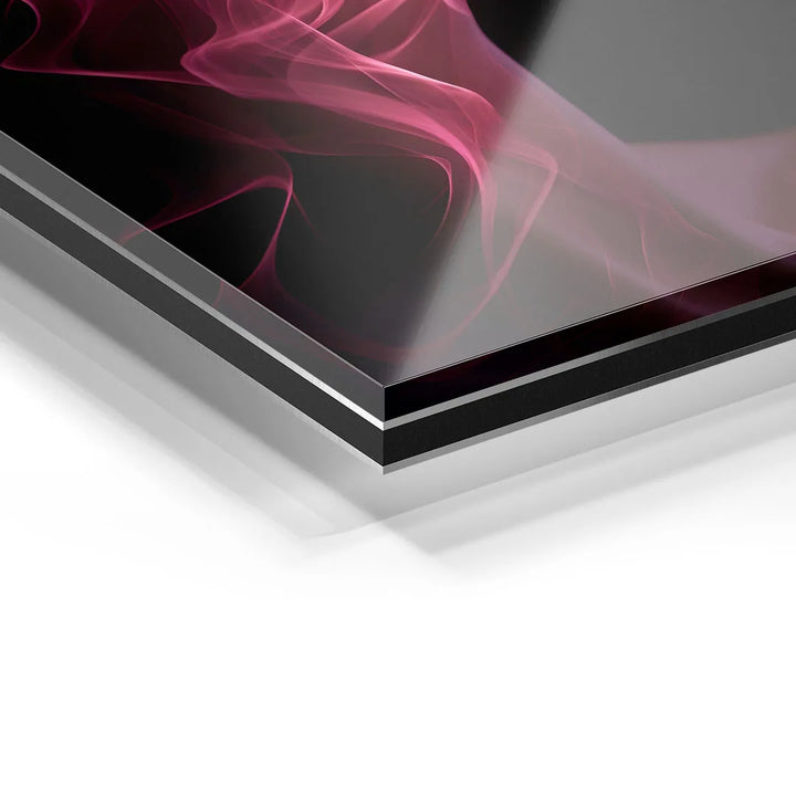 Detailansicht Acrylglas-Wandbild mit abstraktem, rosa Rauchmotiv auf schwarzem Hintergrund