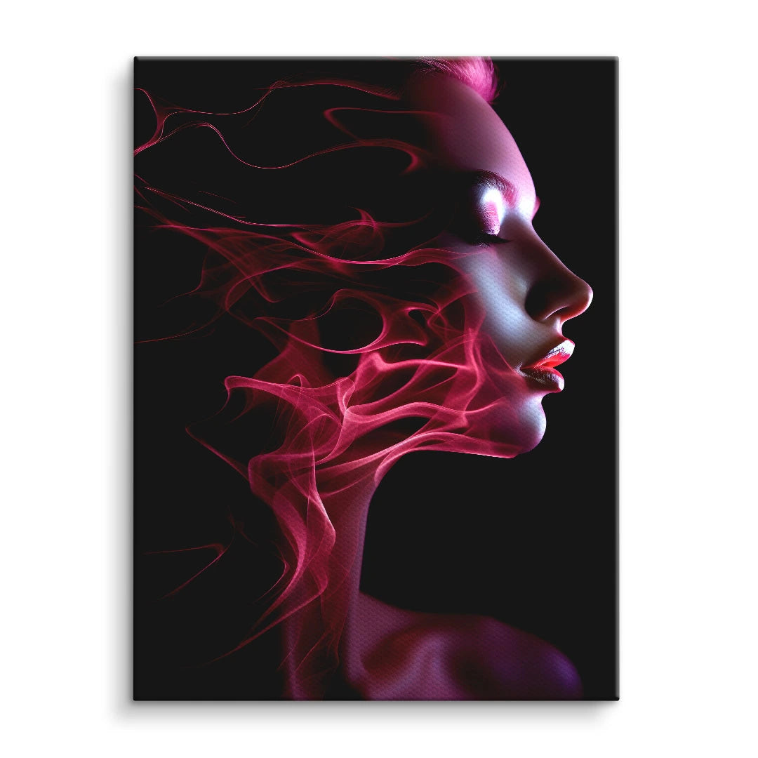 Modernes Wandbild mit femininem Profil und abstrakten pinken Licht-Effekten auf schwarzem Hintergrund