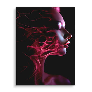 Modernes Wandbild mit femininem Profil und abstrakten pinken Licht-Effekten auf schwarzem Hintergrund