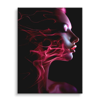 Modernes Wandbild mit femininem Profil und abstrakten pinken Licht-Effekten auf schwarzem Hintergrund
