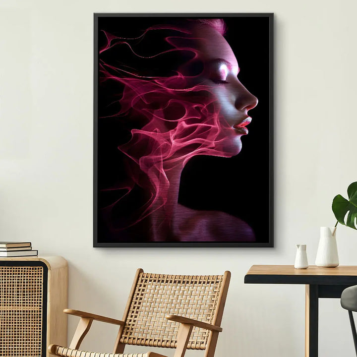 Modernes Wandbild mit Frauengesicht und abstrakten pinken Lichteffekten auf schwarzem Hintergrund