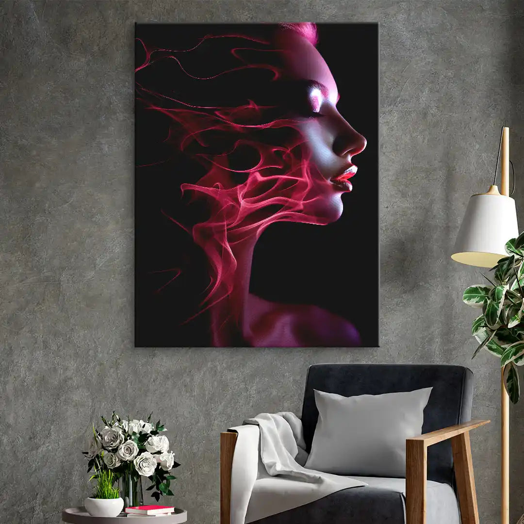 Modernes Wandbild mit weiblichem Gesicht und pinken Rauchschwaden vor dunklem Hintergrund