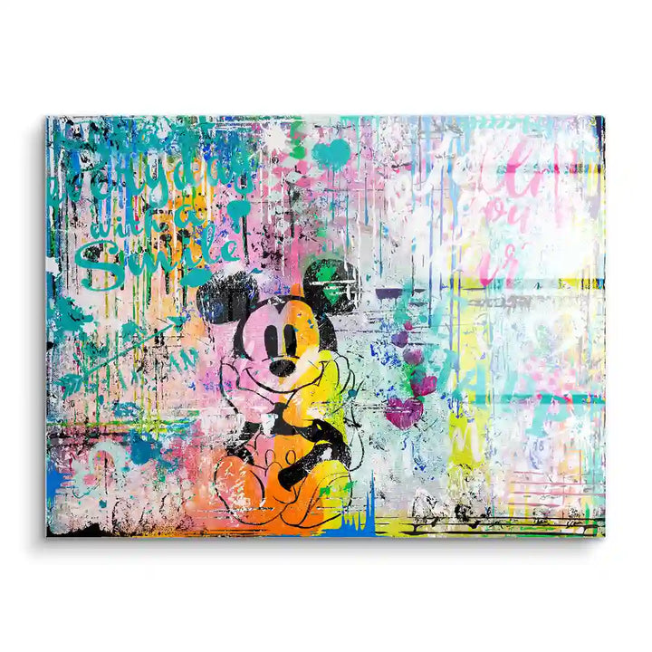 Buntes Wandbild im Pop-Art Stil mit Comicfigur und abstrakter Malerei, Acryl auf Leinwand