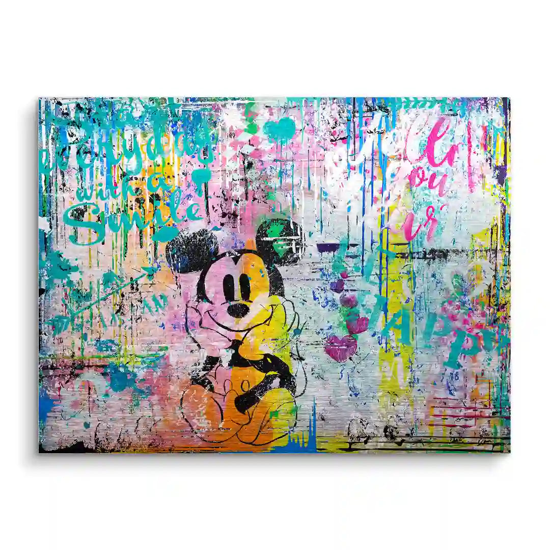 Buntes Wandbild im Pop Art Stil mit fröhlicher Comic-Figur, Graffiti-Elementen und Sprüchen.