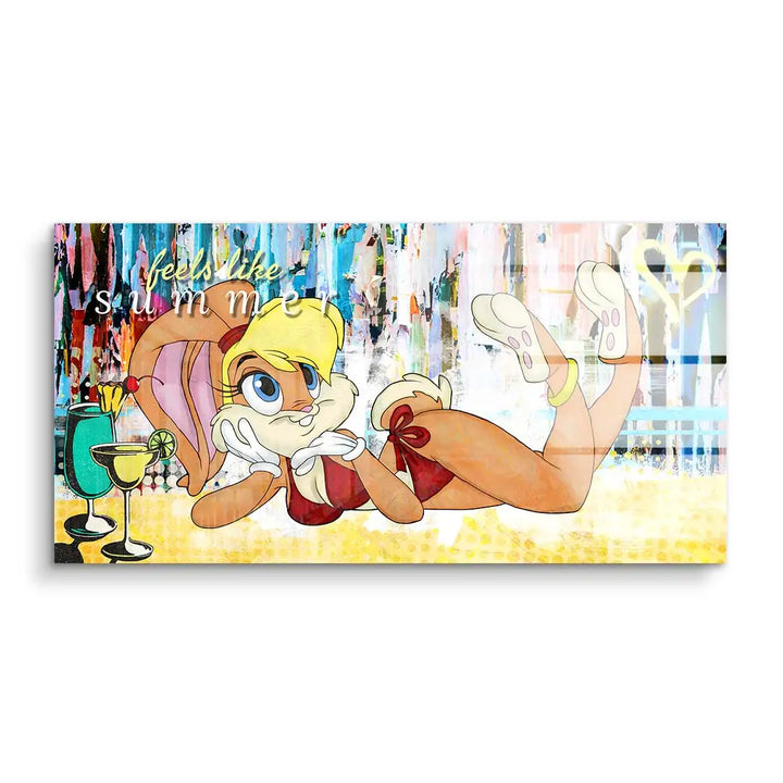 Pop Art Wandbild mit Cartoon-Hase im Badeanzug, Sommer-Cocktails, bunte Hintergrundkunst