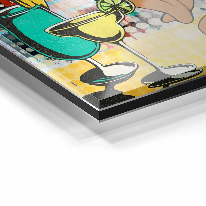 Detailaufnahme Acrylglas-Wandbild mit buntem Cocktailmotiv und moderner Pop Art Optik