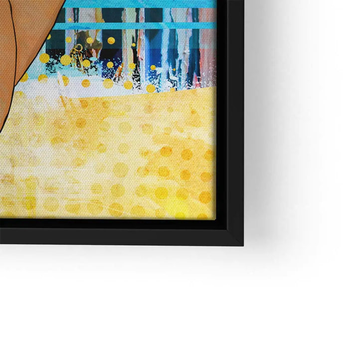 Detail eines farbenfrohen Pop Art Wandbilds mit gelb-blauen Akzenten im schwarzen Rahmen