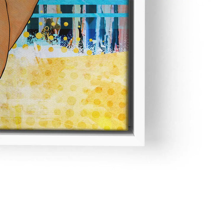 Farbenfrohes, abstraktes Wandbild mit gelben Punkten und blauen Linien im weißen Rahmen