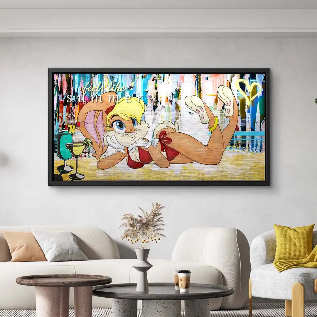 Modernes Wandbild mit Cartoon-Häsin im roten Bikini, bunter abstrakter Hintergrund, Wohnzimmer
