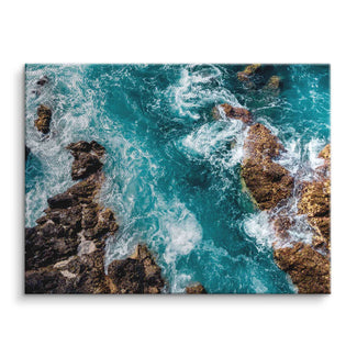 Luftaufnahme von Felsen im türkisblauen Meer als Wandbild auf Leinwand, Naturmotiv