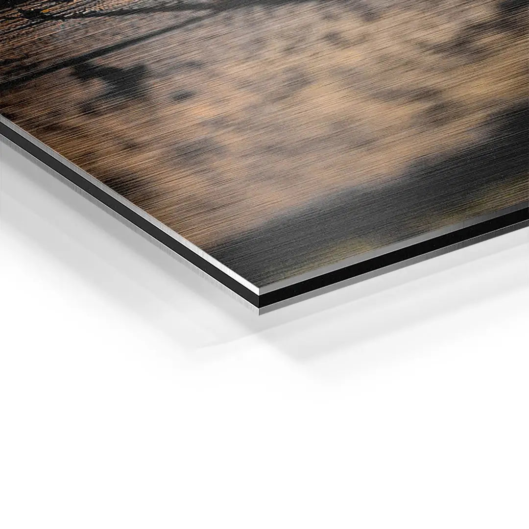 Detailaufnahme eines Wandbilds auf gebürstetem Aluminium mit Kunstmotiv.